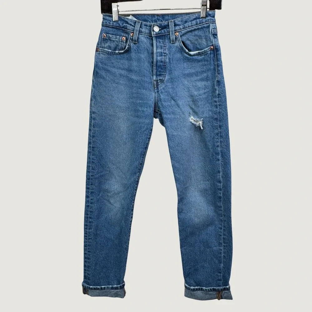 Levi's 501 Premium Jeans W25 L30 Blue Distressed High Rise Button Fly Denim